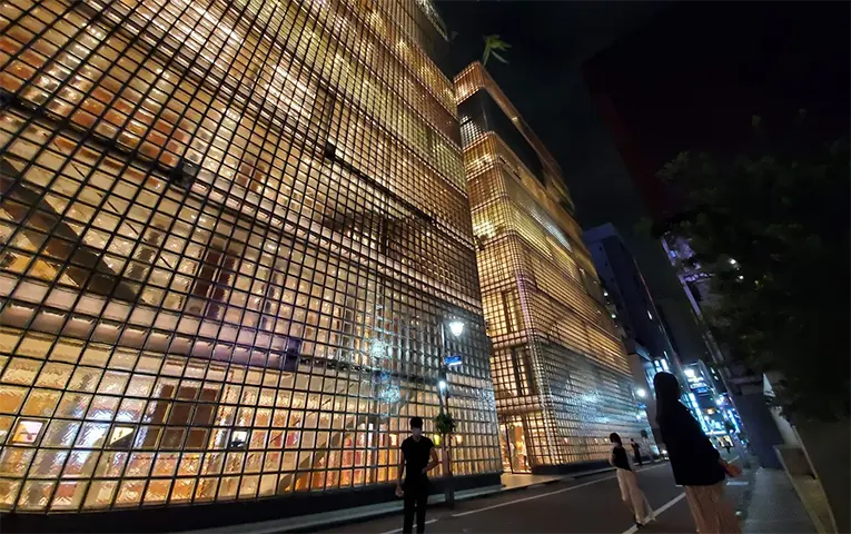 Neon lights on buildings in Ginza.
