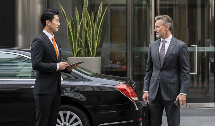 A chauffeur picking up a business executive at an office in Tokyo.