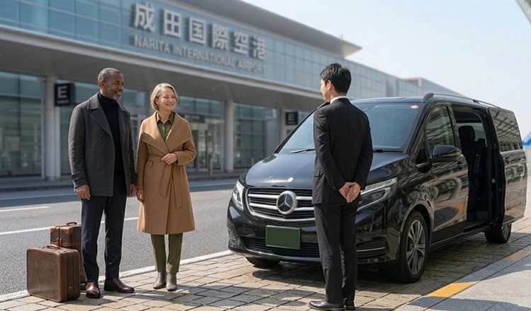 Chauffeur is greeting foreigner couple front of Luxury Mercedes benz V class.