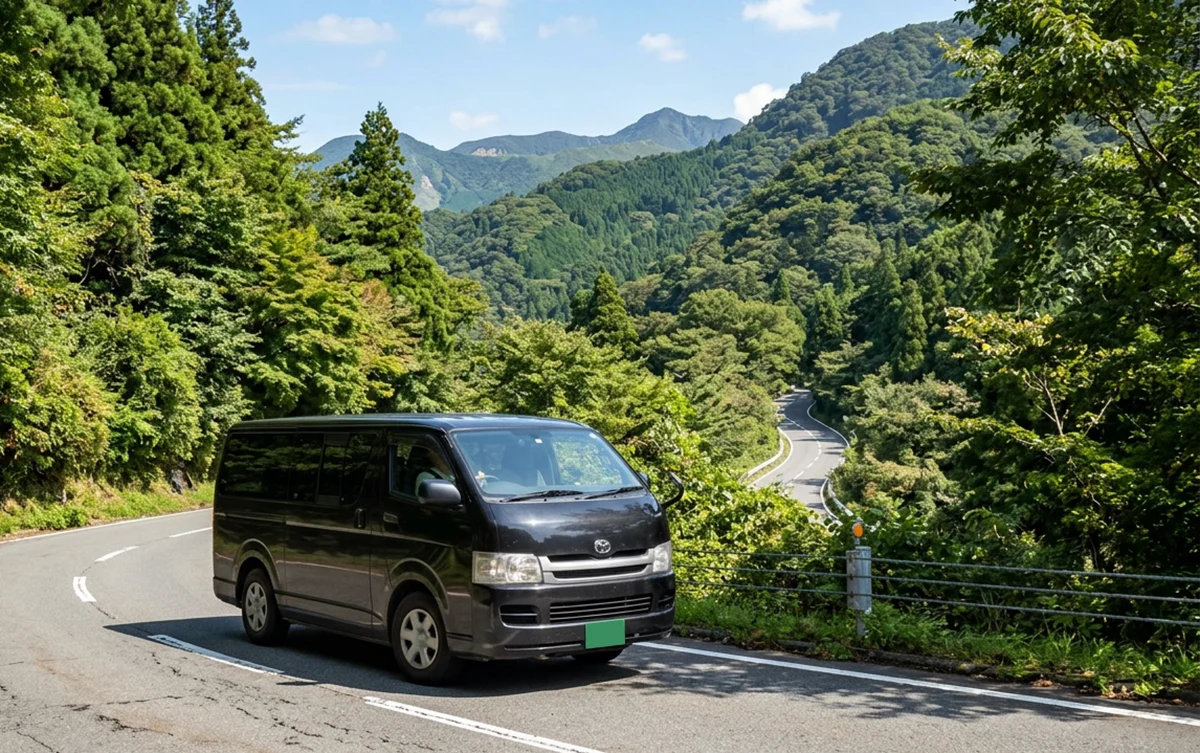 A private transfer vehicle driving along scenic mountain roads in the Hakone area.