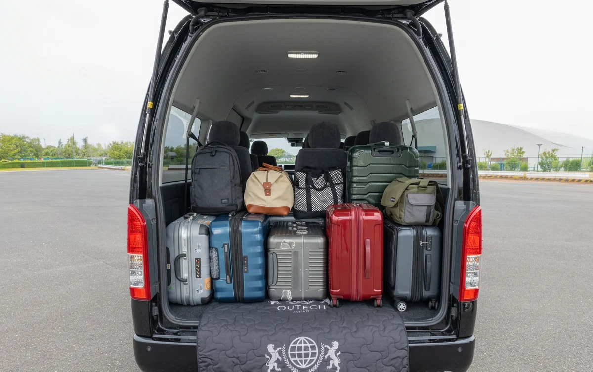 Ample luggage and cargo capacity in the rear of a Toyota Hiace van