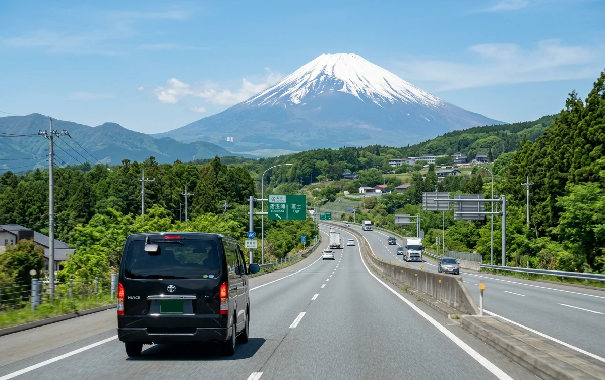 A private transfer vehicle driving to the Mt.Fuji area