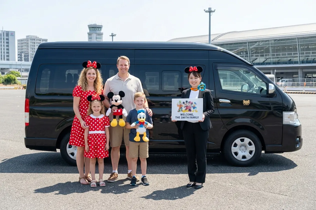 Female chauffeur wearing Mickey Mouse ears welcome you at the hotels in Tokyo
