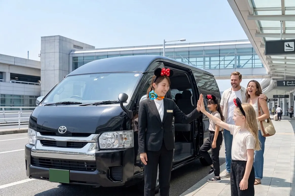 Female chauffeurs wear Mickey ears to build excitement for the Disneyland transfer